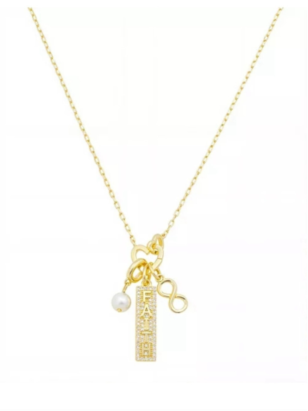Unwritten 14k Gold Flash Plated FAITH Charm Necklace with Pearl and Infinity - Picture 4 of 7